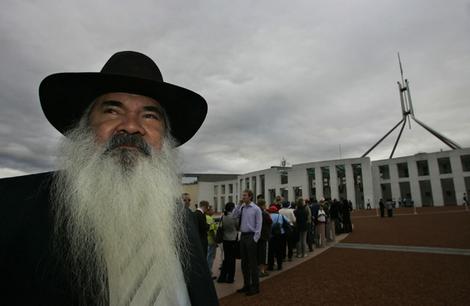 Pat Dodson arrives at Parliament house before this morning's apology.