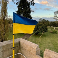 Ukrainian Calvary.  Ukrainian flag flying at St Mary’s Towers in solidarity.